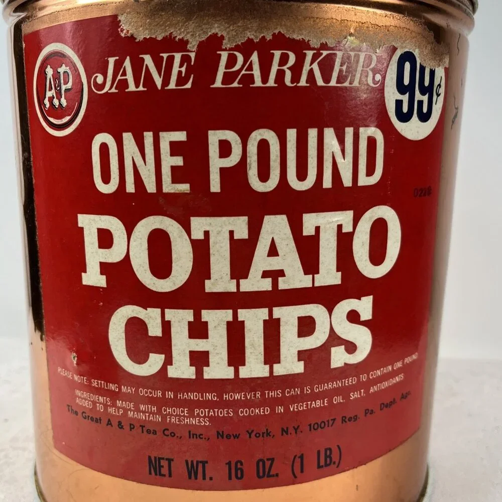 Vintage Jane Parker Potato Chips 1 LB A&P‎ Paper Label Red Advertising Tin Can